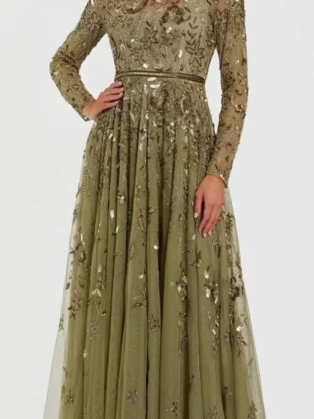 Mac Duggal Women's Long Sleeve Mesh Floral Embellished Gown